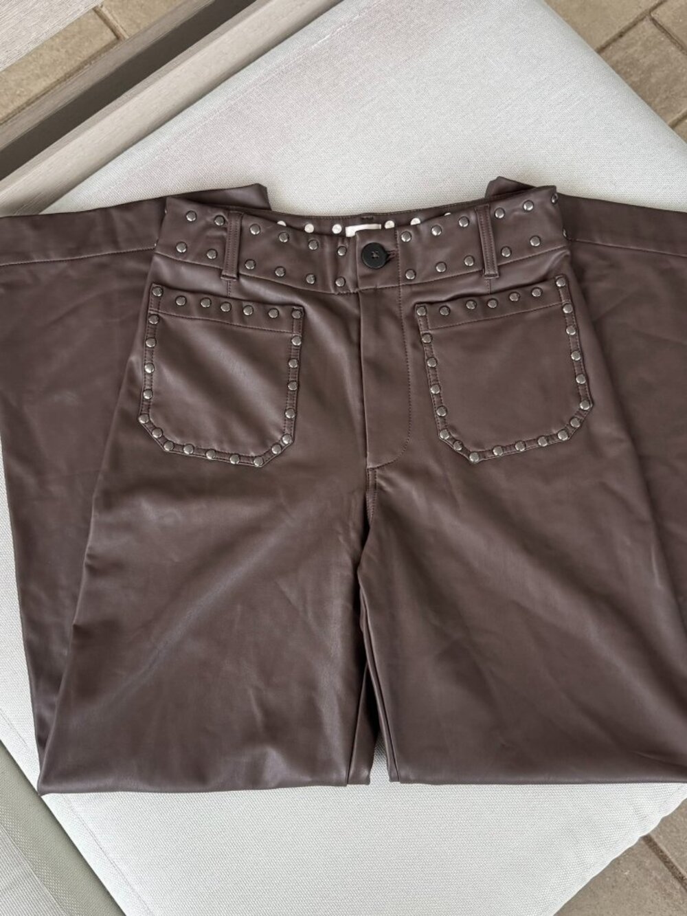 Anthropologie The Colette Full-Length Faux Leather Studded Pants Brown 28